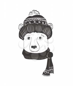 Modern flat Christmas illustration with doodle bear isolated on white background
