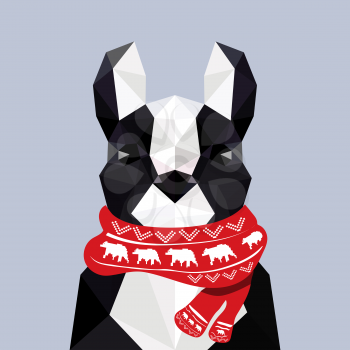 Modern flat design with origami french bulldog wearing Christmas scarf