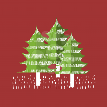 Christmas illustration with modern flat doodle pine trees on red background