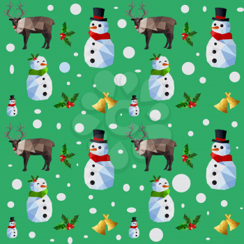 Christmas seamless pattern with snowman and reindeers on green background