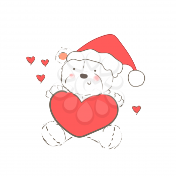 Illustration with christmas bear wearing red hat isolated on white background