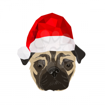 Illustration with doodle pug with origam christmas hat isolated on white background