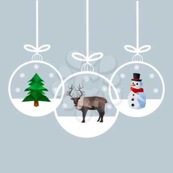Modern flat design of Christmas balls with reindeer, pine tree and snowman