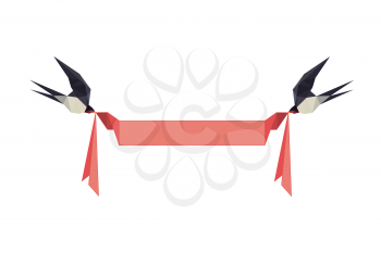Illustration with origami swallows holding banner isolated on white background