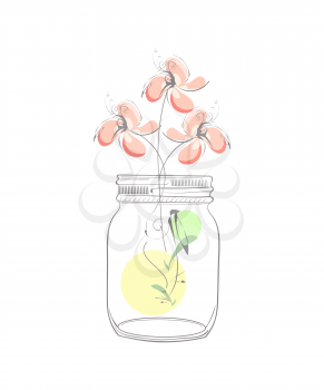 Modern illustration with abstract flowers and mason jar isolated on white background