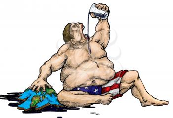 Royalty Free Clipart Image of a Grotesque Man Drinking Oil