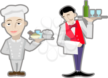 Royalty Free Clipart Image of a Waiter and a Chef