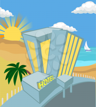 Royalty Free Clipart Image of a Hotel on a Beach