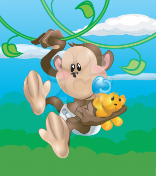 Royalty Free Clipart Image of a Baby Monkey Swinging in the Tree