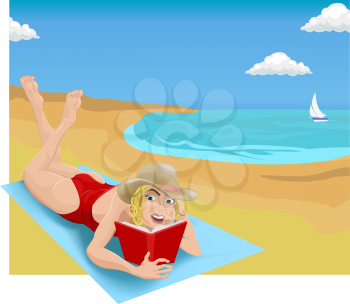 Royalty Free Clipart Image of a Woman Reading on the Beach