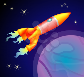 Royalty Free Clipart Image of a Rocket Ship in Space