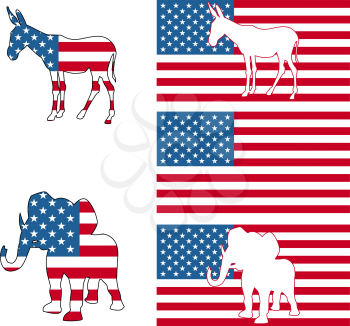 The democrat and republican symbols of a donkey and elephant and American flag. 