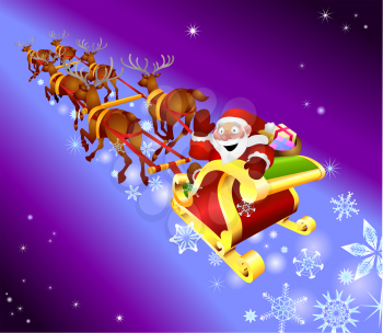 Royalty Free Clipart Image of Santa Claus Riding in His Sleigh 