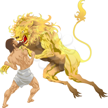 Royalty Free Clipart Image of Hercules Fighting a Lion