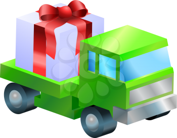 Royalty Free Clipart Image of a Truck Delivering a Present