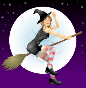 Royalty Free Clipart Image of a Witch Flying on a Broomstick