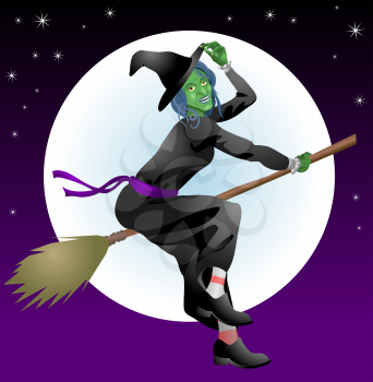 Royalty Free Clipart Image of a Witch Riding a Broomstick