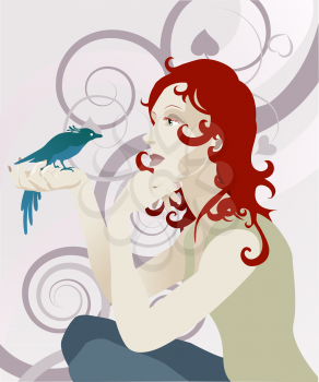 Royalty Free Clipart Image of a Woman Holding a Bird