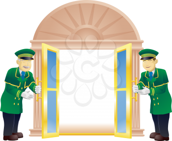 Royalty Free Clipart Image of Doormen Holding the Door Open