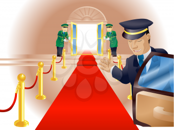 Royalty Free Clipart Image of Doormen Before a Red Carpet 