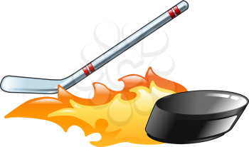 Royalty Free Clipart Image of a Flaming Hockey Stick and Puck