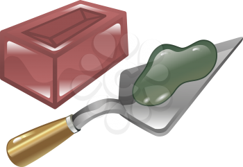 Royalty Free Clipart Image of a Red Brick Mortar and Trowel 
