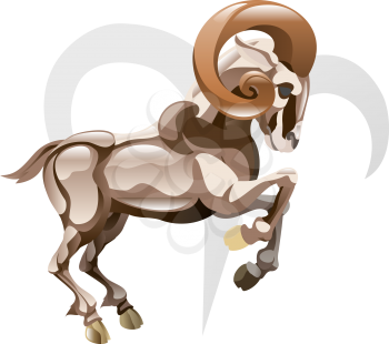 Illustration representing Aries the ram star or birth sign. Includes the symbol or icon in the background