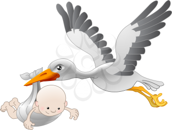 Royalty Free Clipart Image of a Stork Delivering a Baby