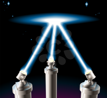 Royalty Free Clipart Image of a Searchlights in the Night Sky