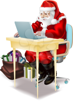 Royalty Free Clipart Image of Santa Clause Sitting Looking at a Laptop