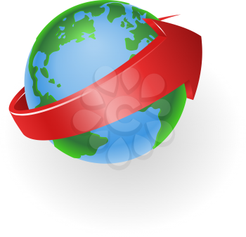 Royalty Free Clipart Image of a Spinning Globe With a Red Arrow Around It