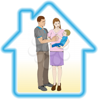 Royalty Free Clipart Image of Parents Holding Their Child in a Home