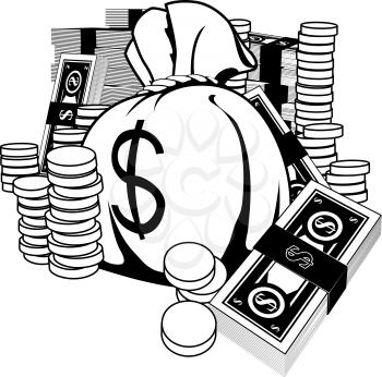 Royalty Free Clipart Image of a Bag of Money and Coins