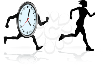 Royalty Free Clipart Image of a Woman Running Against a Clock