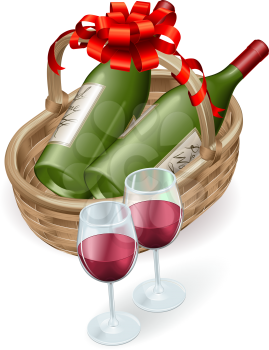 Royalty Free Clipart Image of Bottles of Wine in a Basket