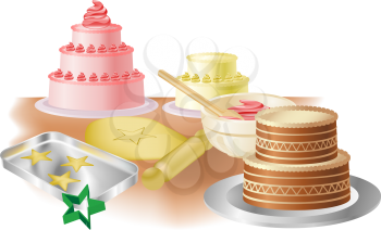 Royalty Free Clipart Image of Cakes, Cookies and Baking Paraphernalia