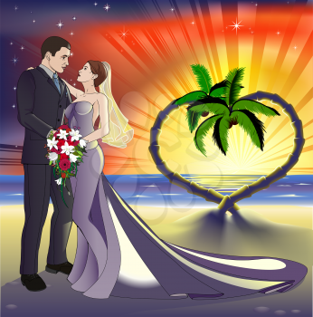 Royalty Free Clipart Image of a Bride and Groom on a Beach