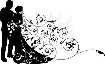 Royalty Free Clipart Image of a Bride and Groom Silhouette 
