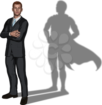 Royalty Free Clipart Image of a Businessman With a Superhero Shadow