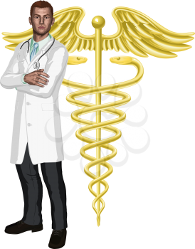 Royalty Free Clipart Image of a Doctor With Gold Caduceus Medical Doctor's Symbol