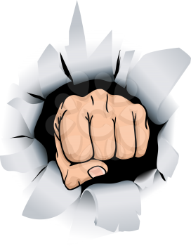 Royalty Free Clipart Image of a Fist Breaking Through a Wall 