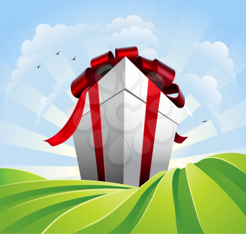 Royalty Free Clipart Image of a Large Present in a Field