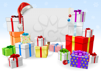 Royalty Free Clipart Image of a Pile of Christmas Presents and a Sign