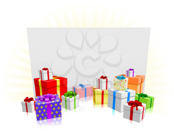 Royalty Free Clipart Image of a Sign and Presents