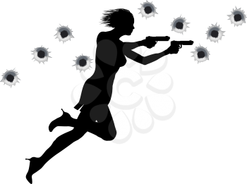 Royalty Free Clipart Image of a Woman Holding Two Guns