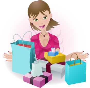 Royalty Free Clipart Image of a Woman Looking at Her Purchases