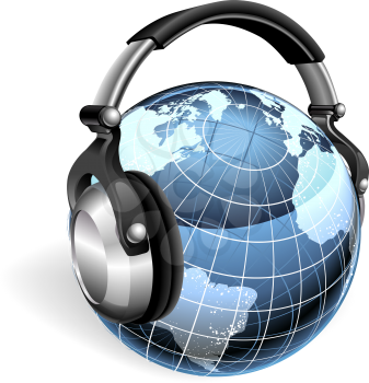 The world earth globe listening to music on funky headphones.