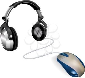 Royalty Free Clipart Image of a Mouse Connected to Headphones