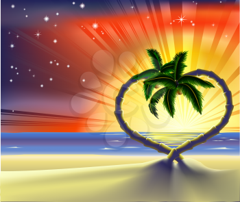 Royalty Free Clipart Image of a Beach Scene With Heart Shaped Palm Trees at Sunset