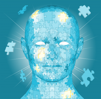 Royalty Free Clipart Image of Jigsaw Puzzle Pieces Forming a Head